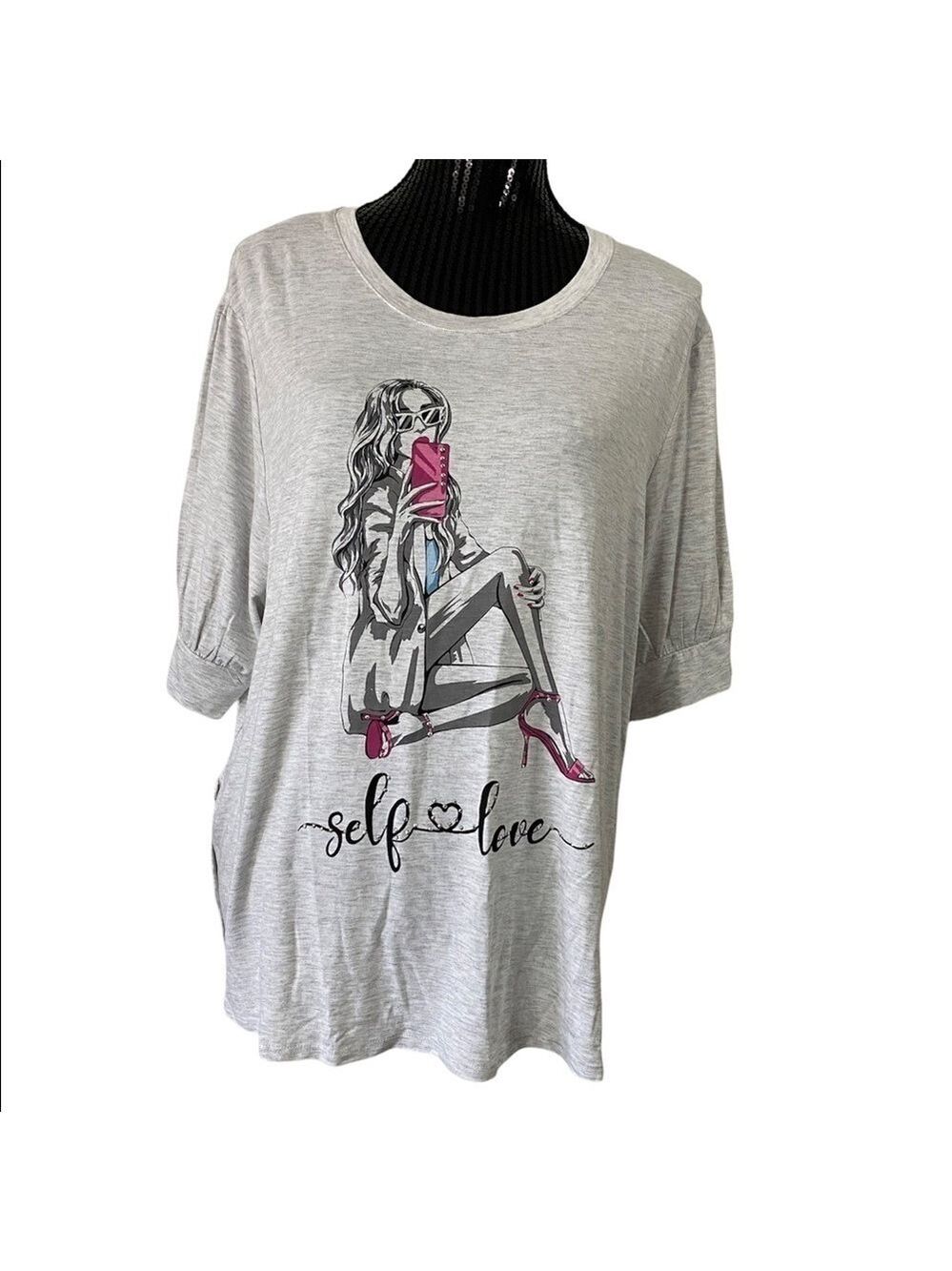 Love + Lace Gray Stretch Puff Sleeve Boutique Top Self Love Size 3X NWT